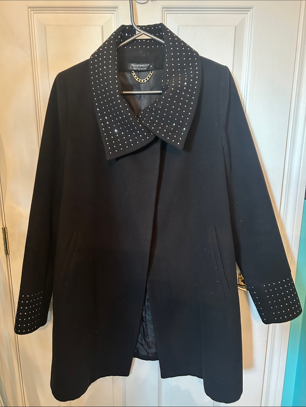 Rinascimento Black Stud-Trim Wool Blend Coat Made in Italy